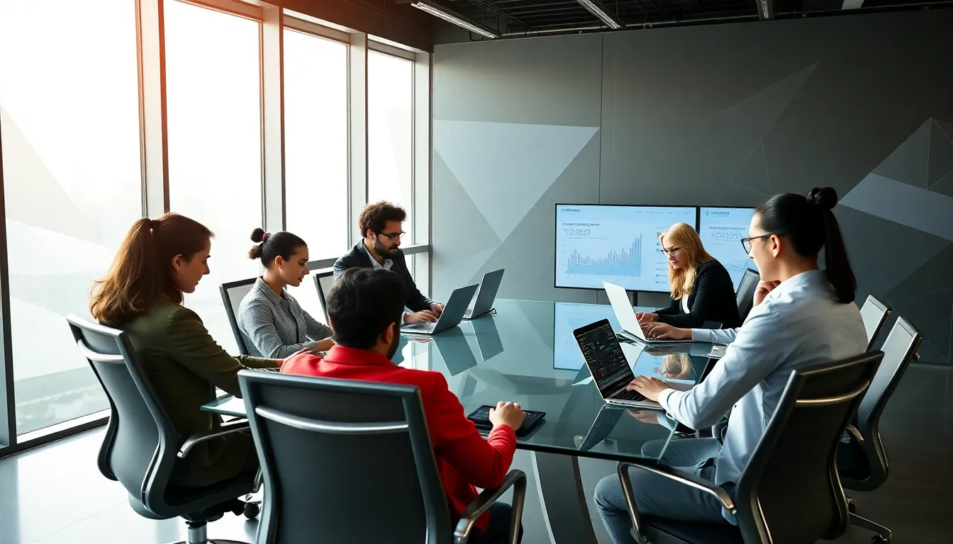 diverse team analyzing data in a contemporary office setting.