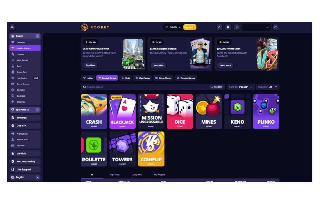 Screenshot of Roobet originals page with sidebar