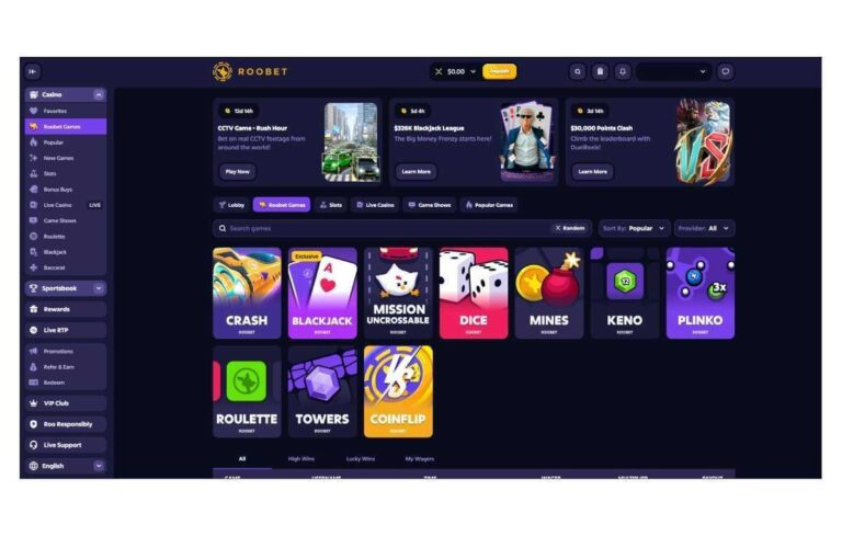 Screenshot of Roobet originals page with sidebar